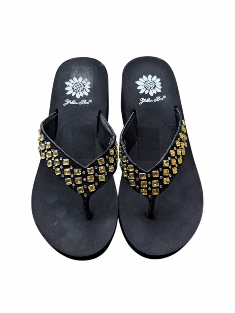 Yellow Box Black Thong Sandals with Gold Stud Detailing